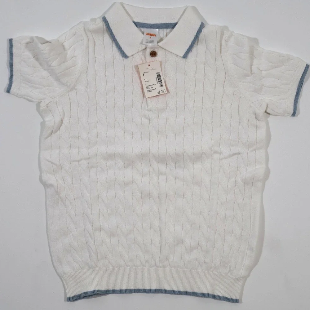 Gymboree Boys Cable Knit Polo Sweater White Blue Size 8 NWT